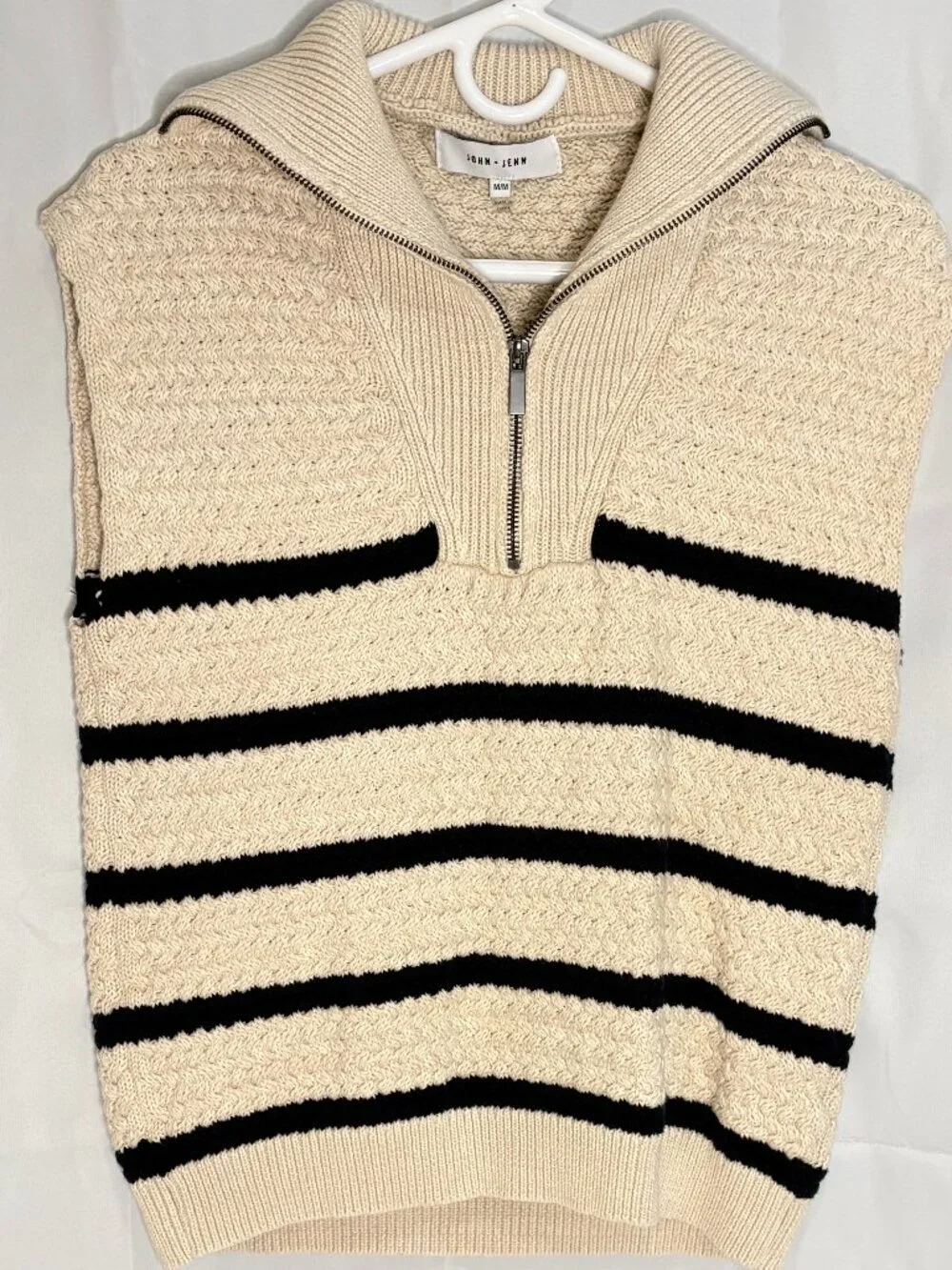 John + Jenn 100% Cotton Quarter Zip Sweater Vest Cream Black Stripe Size Medium